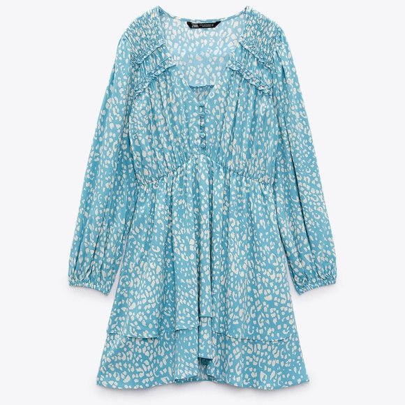 NEW Zara Animal Leopard Print V Neck Layered Ruffle Skirt Cute Mini Dress Blue S - Picture 5 of 10